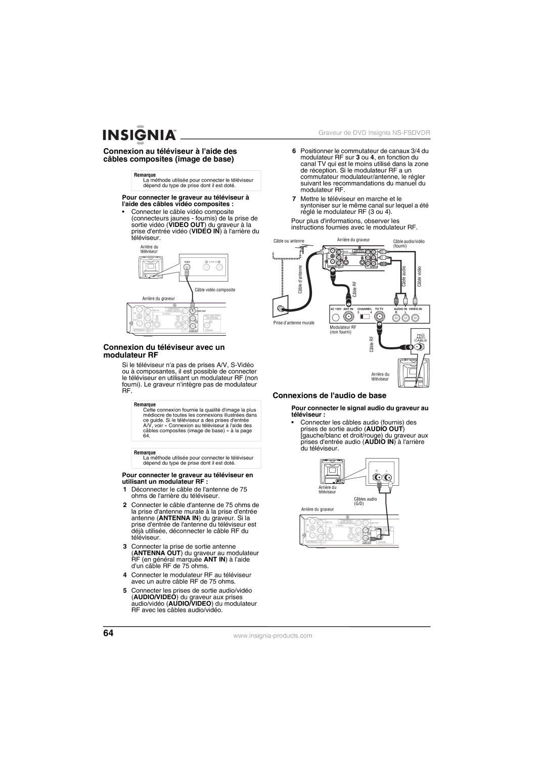 Insignia NS-FSDVDR manual Connexion du téléviseur avec un modulateur RF, Connexions de laudio de base 