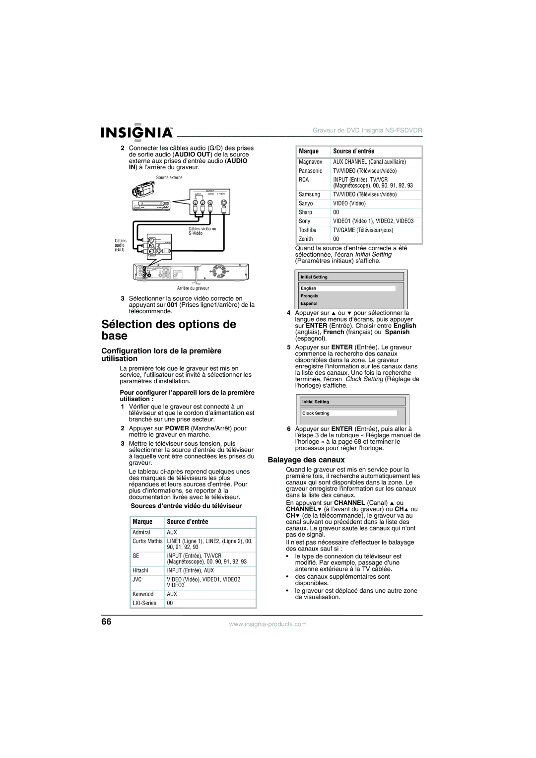 Insignia NS-FSDVDR manual Sélection des options de base, Configuration lors de la première utilisation, Balayage des canaux 