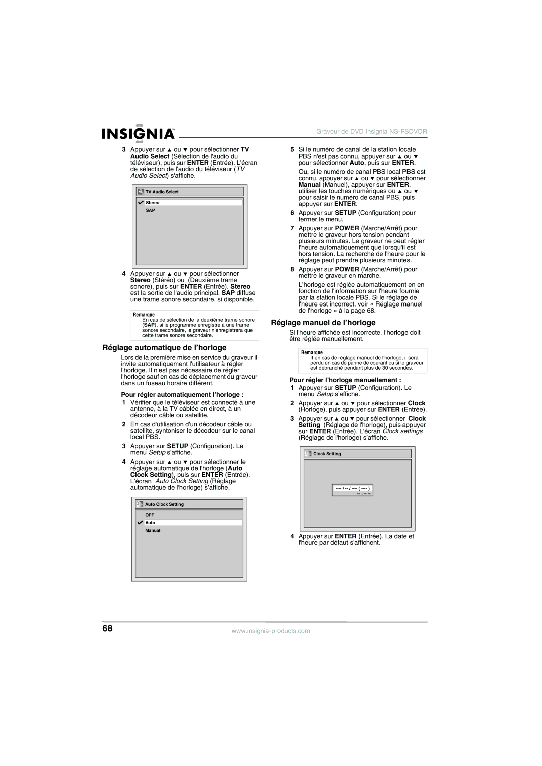Insignia NS-FSDVDR Réglage automatique de l’horloge, Réglage manuel de l’horloge, Pour régler automatiquement l’horloge 