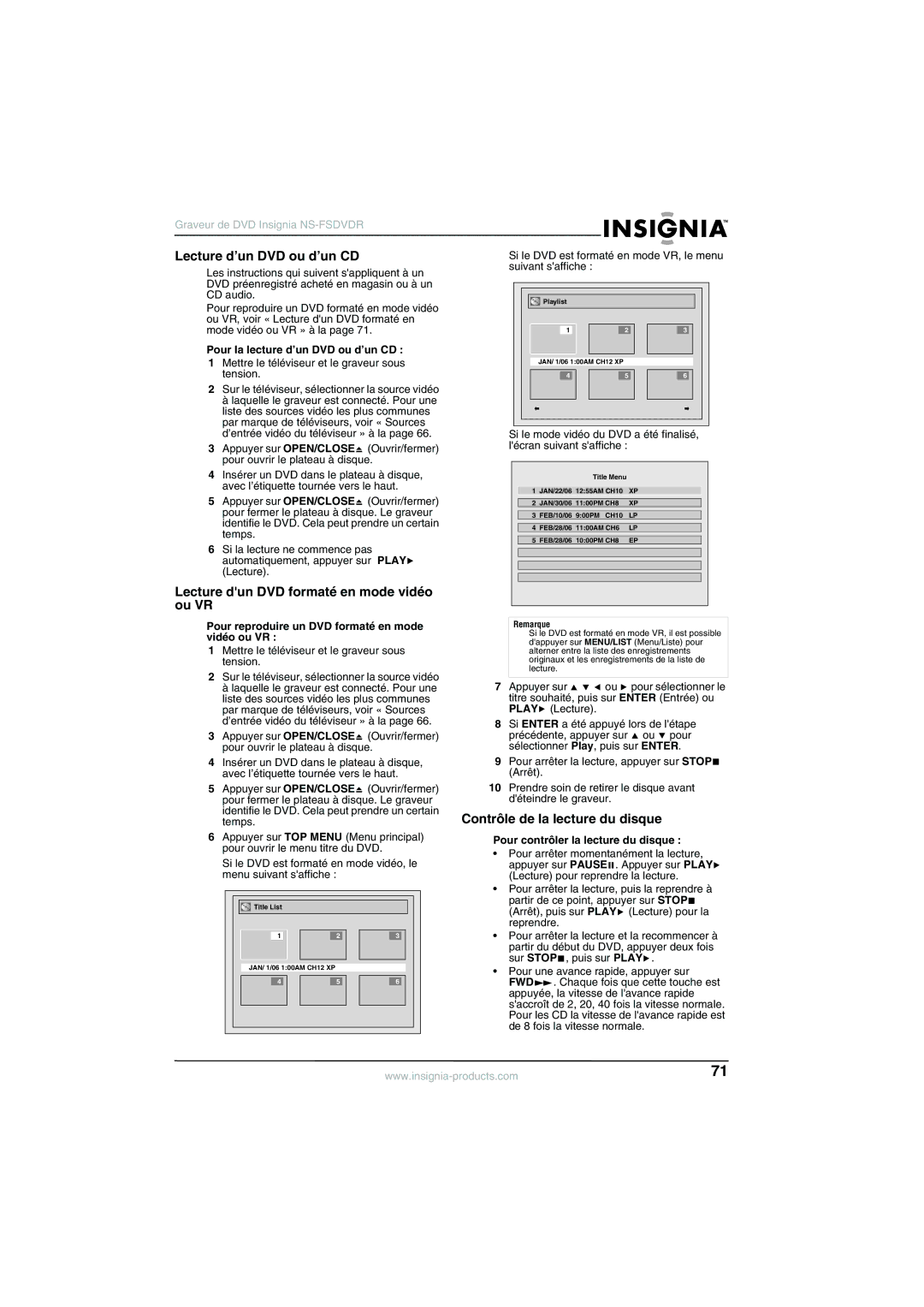 Insignia NS-FSDVDR manual Lecture d’un DVD ou d’un CD, Lecture dun DVD formaté en mode vidéo ou VR 