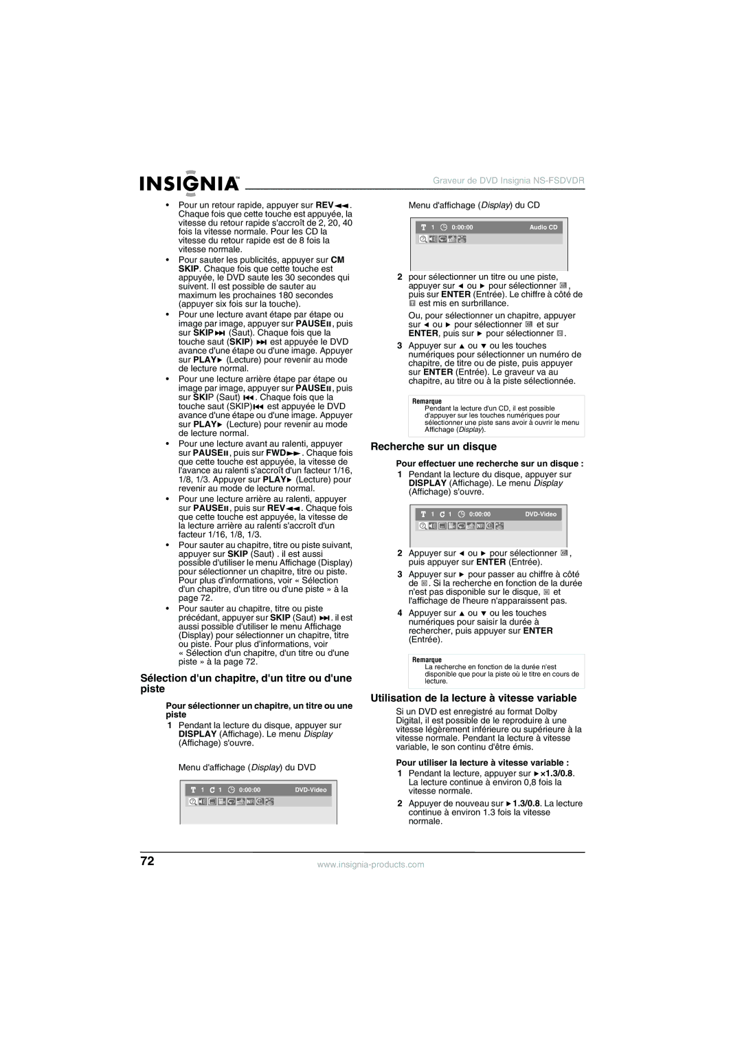 Insignia NS-FSDVDR manual Recherche sur un disque, Sélection dun chapitre, dun titre ou dune 