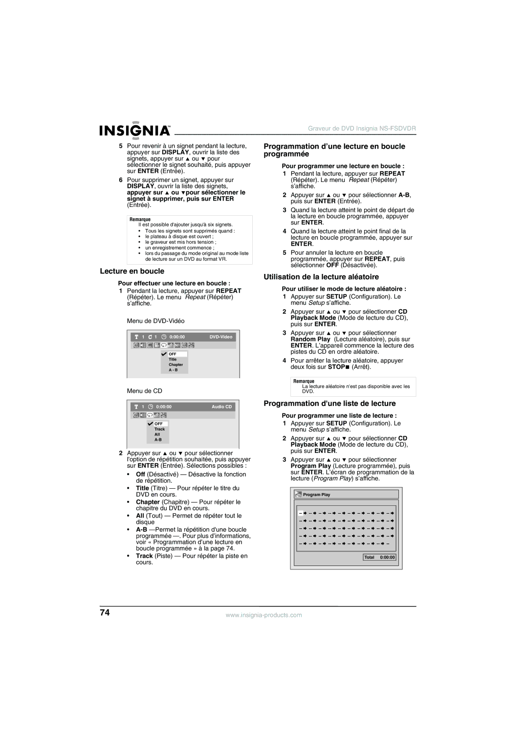 Insignia NS-FSDVDR manual Lecture en boucle, Programmation d’une lecture en boucle programmée 