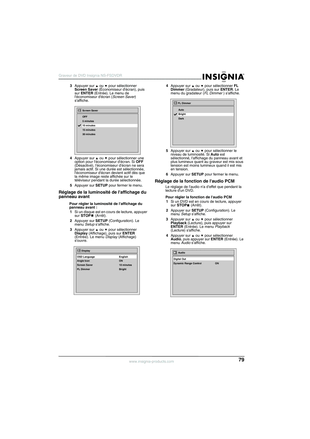 Insignia NS-FSDVDR manual Réglage de la fonction de laudio PCM, Réglage de la luminosité de laffichage du, Panneau avant 