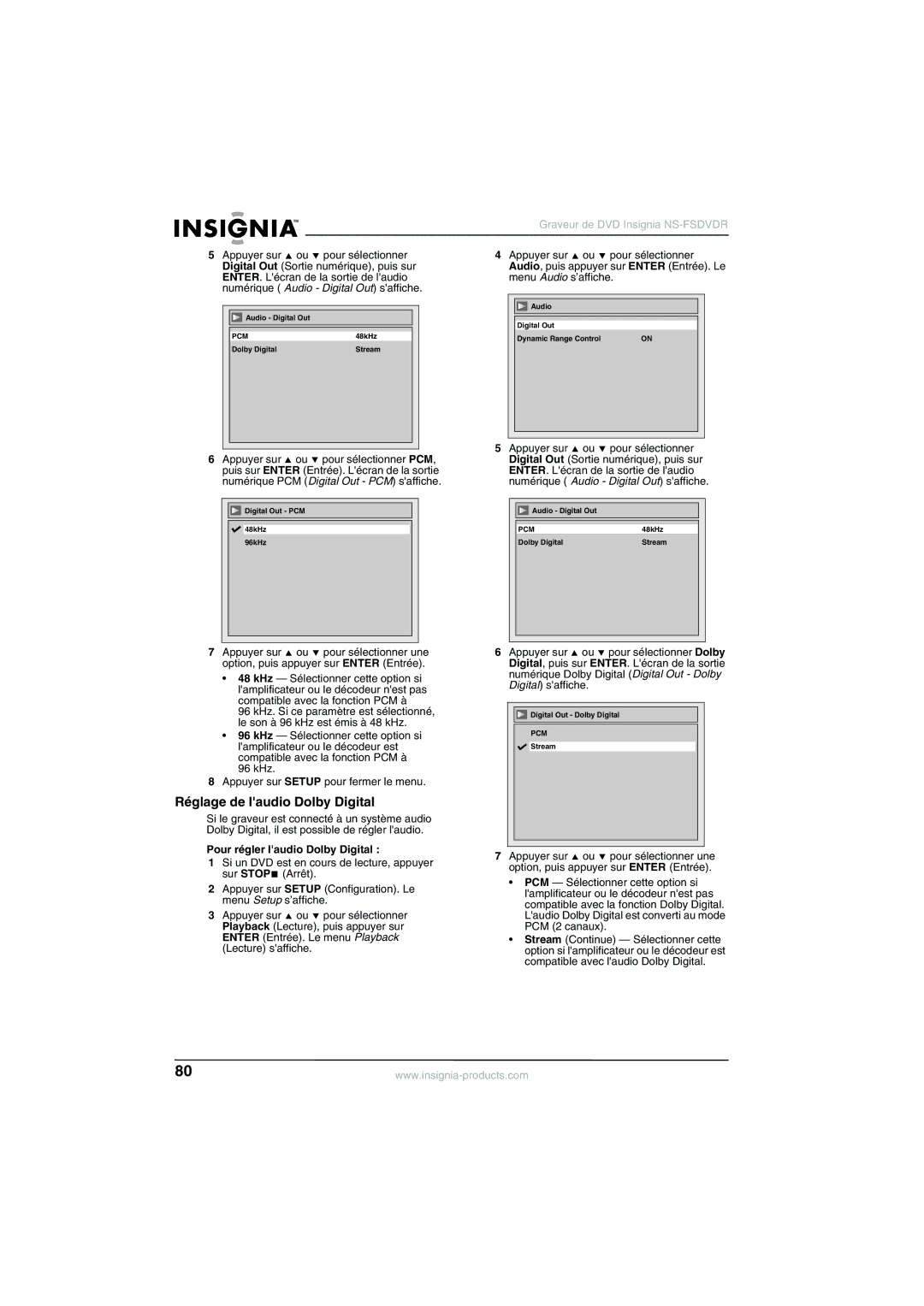 Insignia NS-FSDVDR manual Réglage de laudio Dolby Digital, Pour régler laudio Dolby Digital 