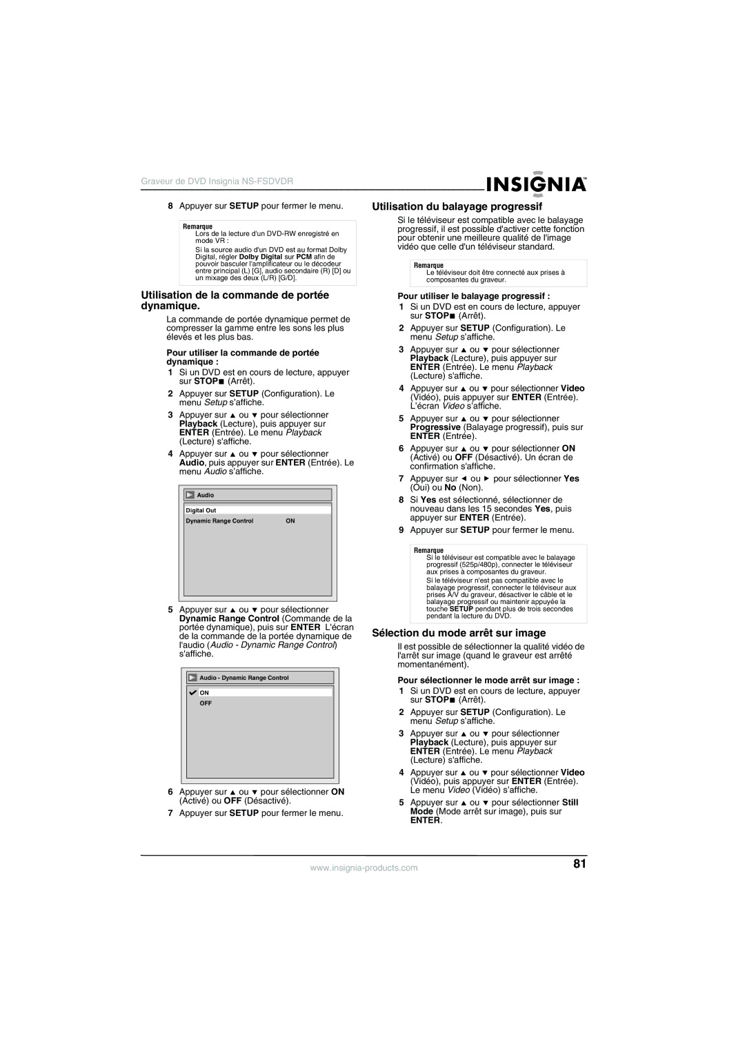 Insignia NS-FSDVDR manual Utilisation du balayage progressif, Utilisation de la commande de portée dynamique 