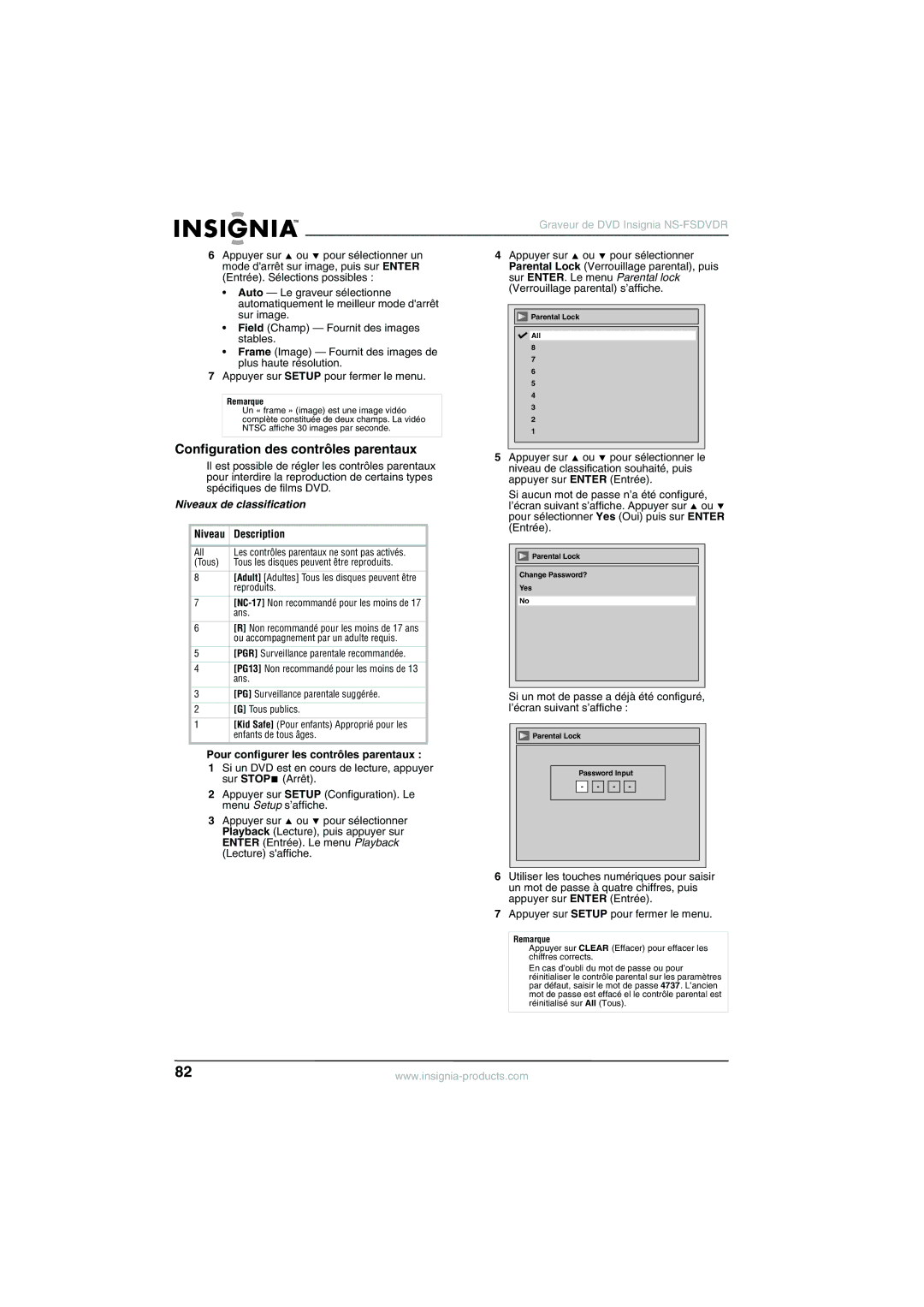 Insignia NS-FSDVDR manual Configuration des contrôles parentaux, Niveaux de classification 