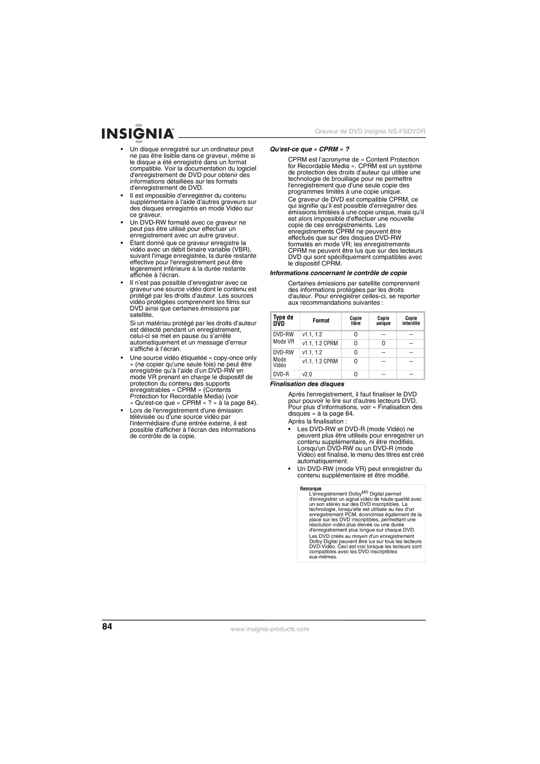 Insignia NS-FSDVDR manual Quest-ce que « Cprm » ?, Informations concernant le contrôle de copie, Type de 