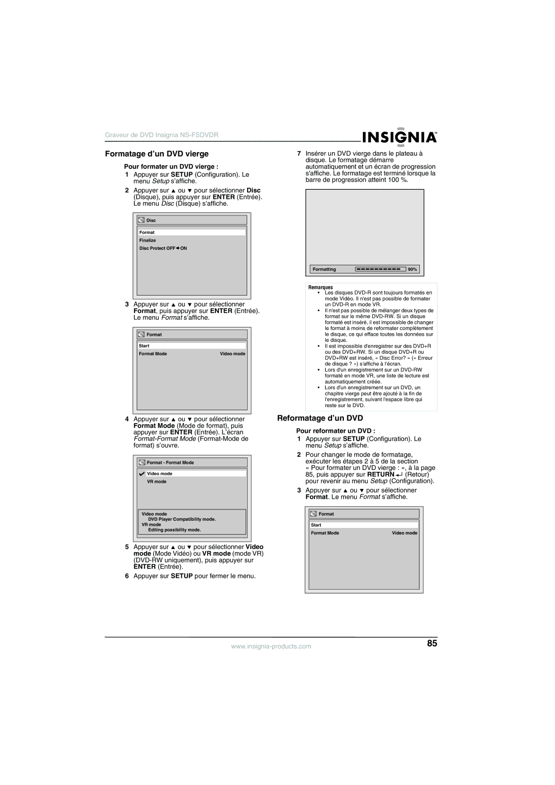 Insignia NS-FSDVDR Formatage d’un DVD vierge, Reformatage d’un DVD, Pour formater un DVD vierge, Pour reformater un DVD 