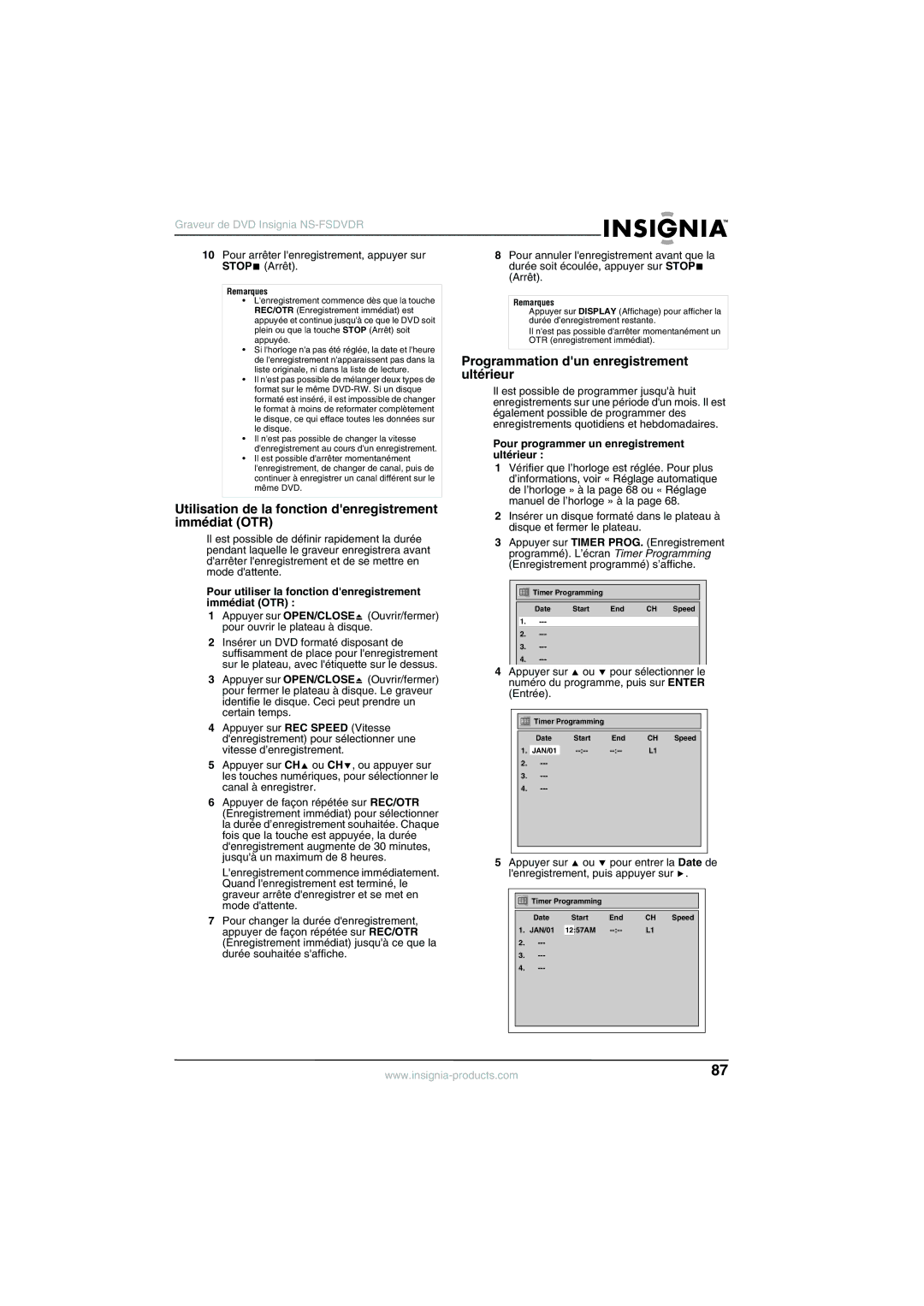 Insignia NS-FSDVDR Utilisation de la fonction denregistrement immédiat OTR, Programmation dun enregistrement ultérieur 