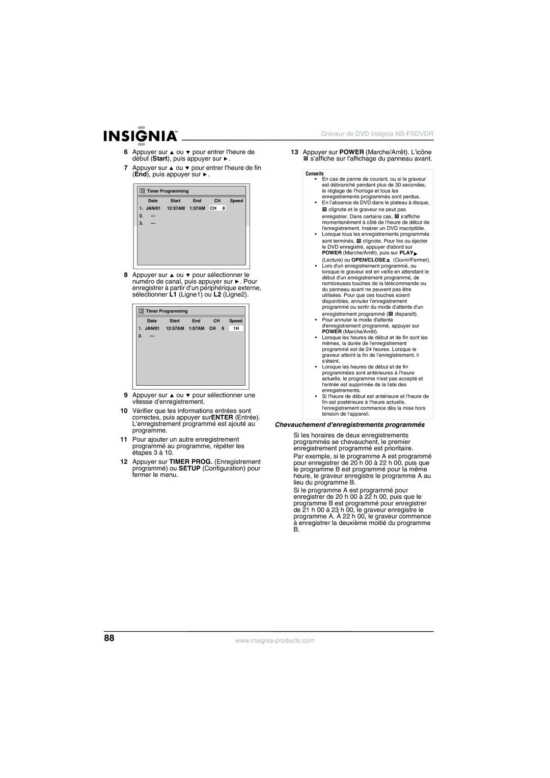 Insignia NS-FSDVDR manual Chevauchement denregistrements programmés, Conseils 