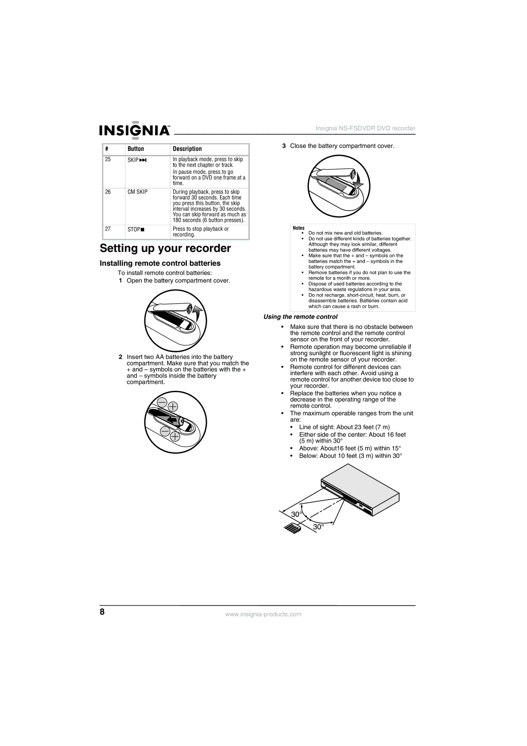 Insignia NS-FSDVDR Setting up your recorder, Installing remote control batteries, Using the remote control, CM Skip 