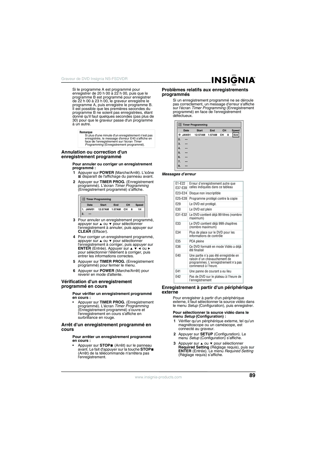 Insignia NS-FSDVDR Problèmes relatifs aux enregistrements, Programmés, Vérification dun enregistrement programmé en cours 