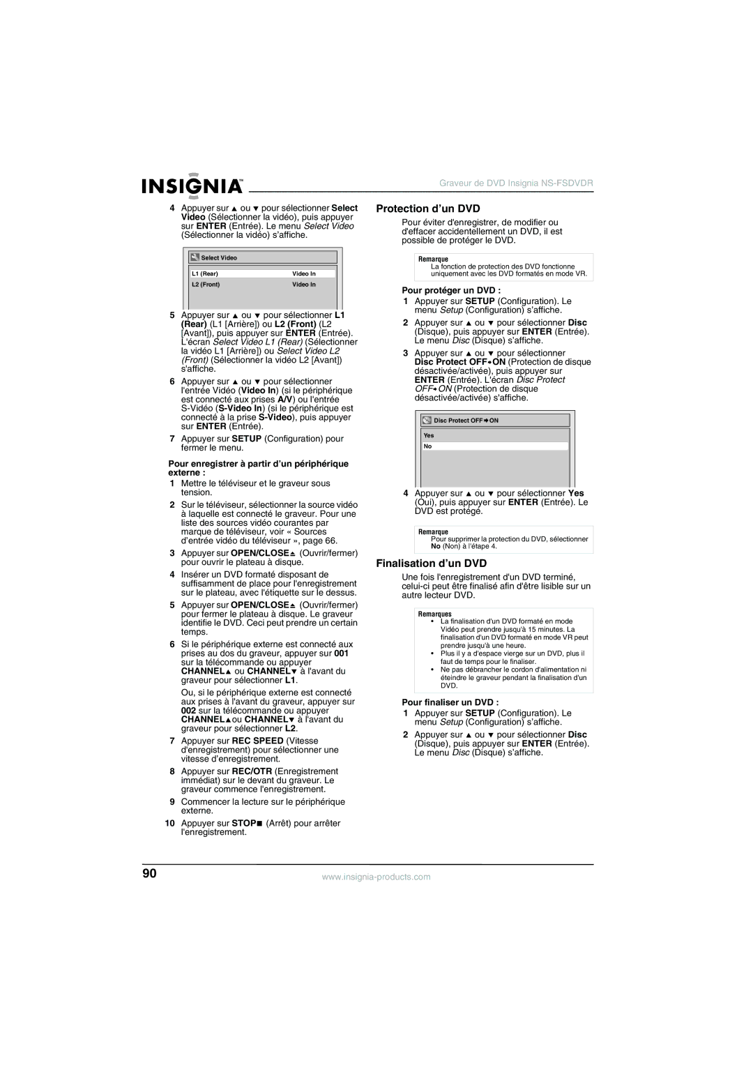 Insignia NS-FSDVDR manual Protection d’un DVD, Finalisation d’un DVD, Pour enregistrer à partir d’un périphérique externe 