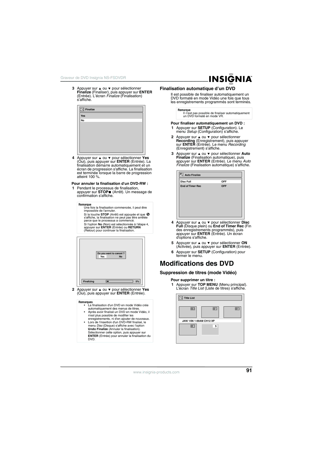 Insignia NS-FSDVDR manual Modifications des DVD, Finalisation automatique d’un DVD, Suppression de titres mode Vidéo 