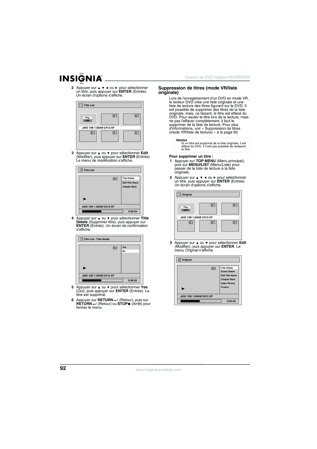 Insignia NS-FSDVDR manual Suppression de titres mode VR/liste originale 