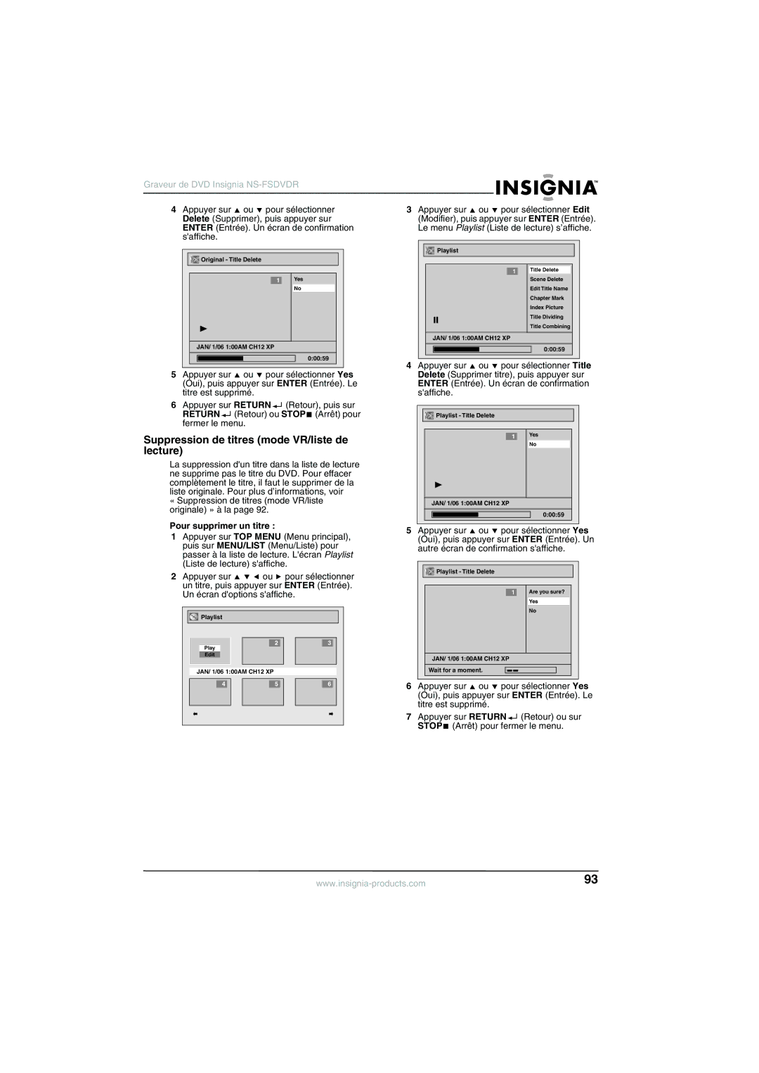 Insignia NS-FSDVDR manual Suppression de titres mode VR/liste de lecture 