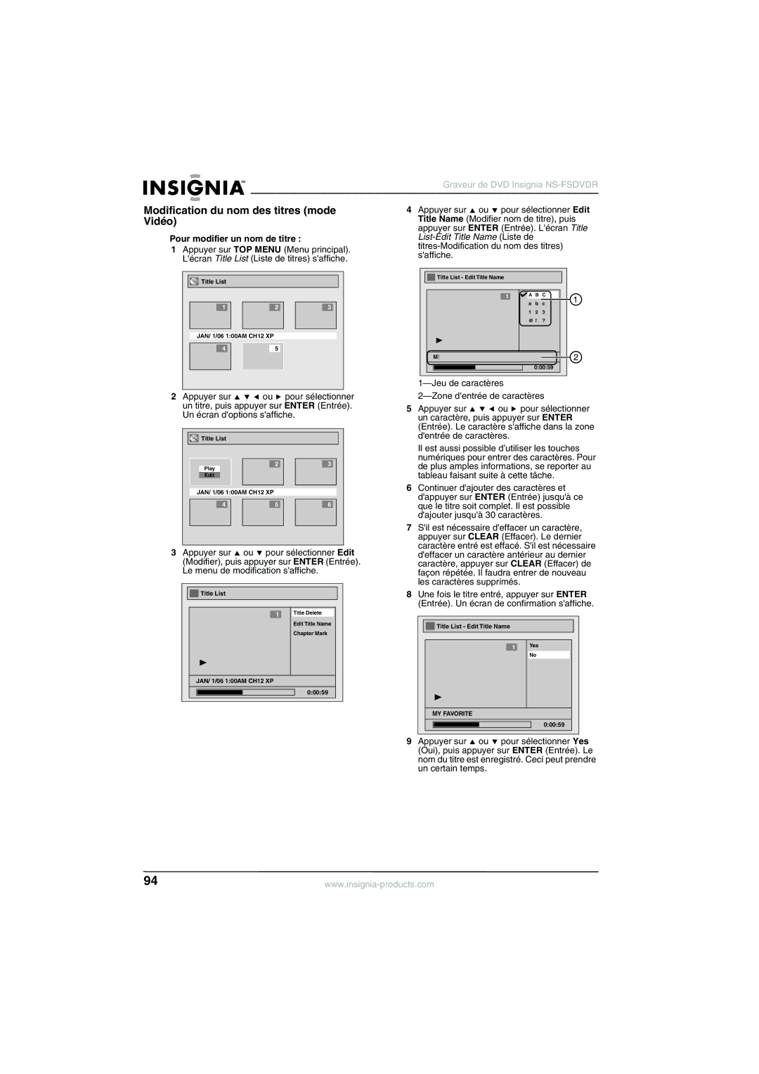 Insignia NS-FSDVDR manual Modification du nom des titres mode Vidéo, Pour modifier un nom de titre, Jeu de caractères 