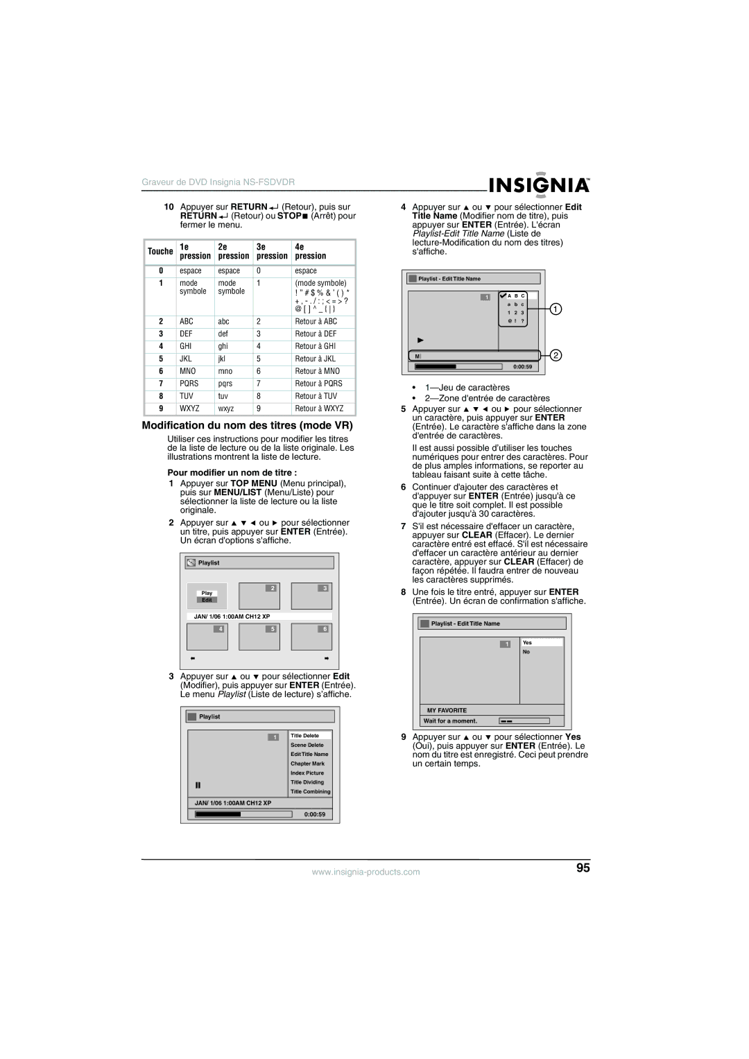 Insignia NS-FSDVDR manual Modification du nom des titres mode VR, Playlist-Edit Title Name Liste de, Saffiche 