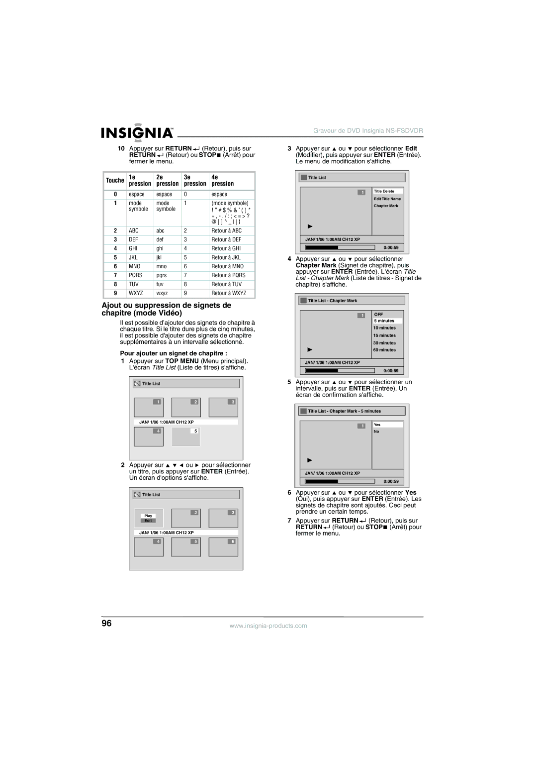 Insignia NS-FSDVDR Ajout ou suppression de signets de chapitre mode Vidéo, Pression, Pour ajouter un signet de chapitre 