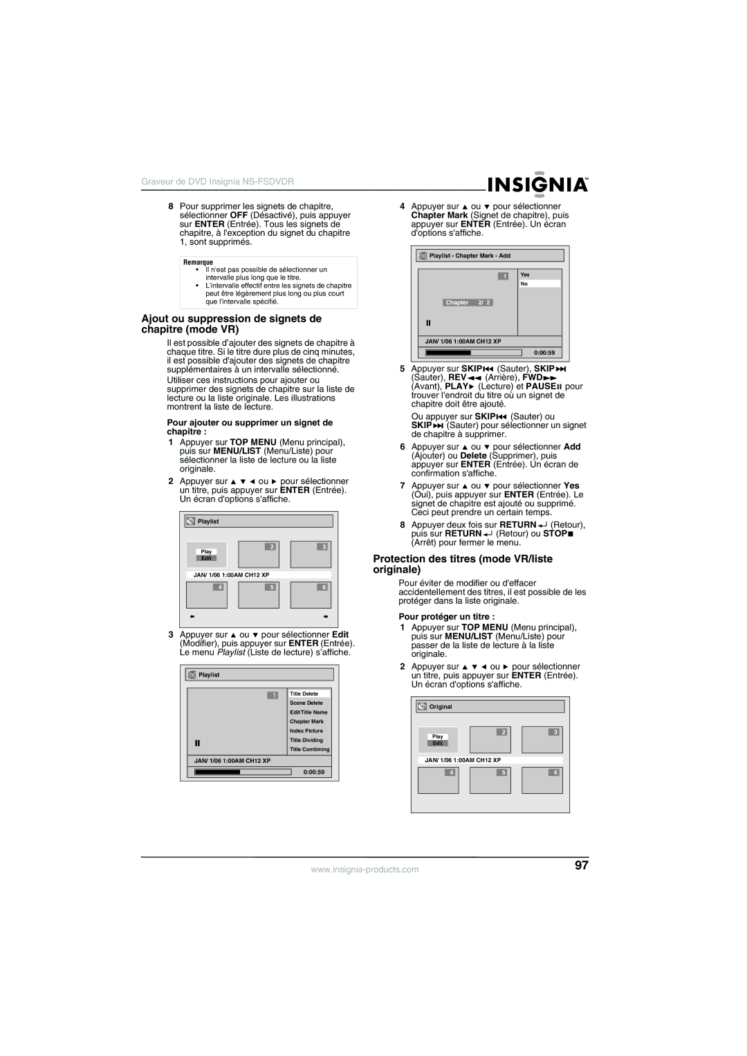 Insignia NS-FSDVDR Ajout ou suppression de signets de chapitre mode VR, Protection des titres mode VR/liste originale 