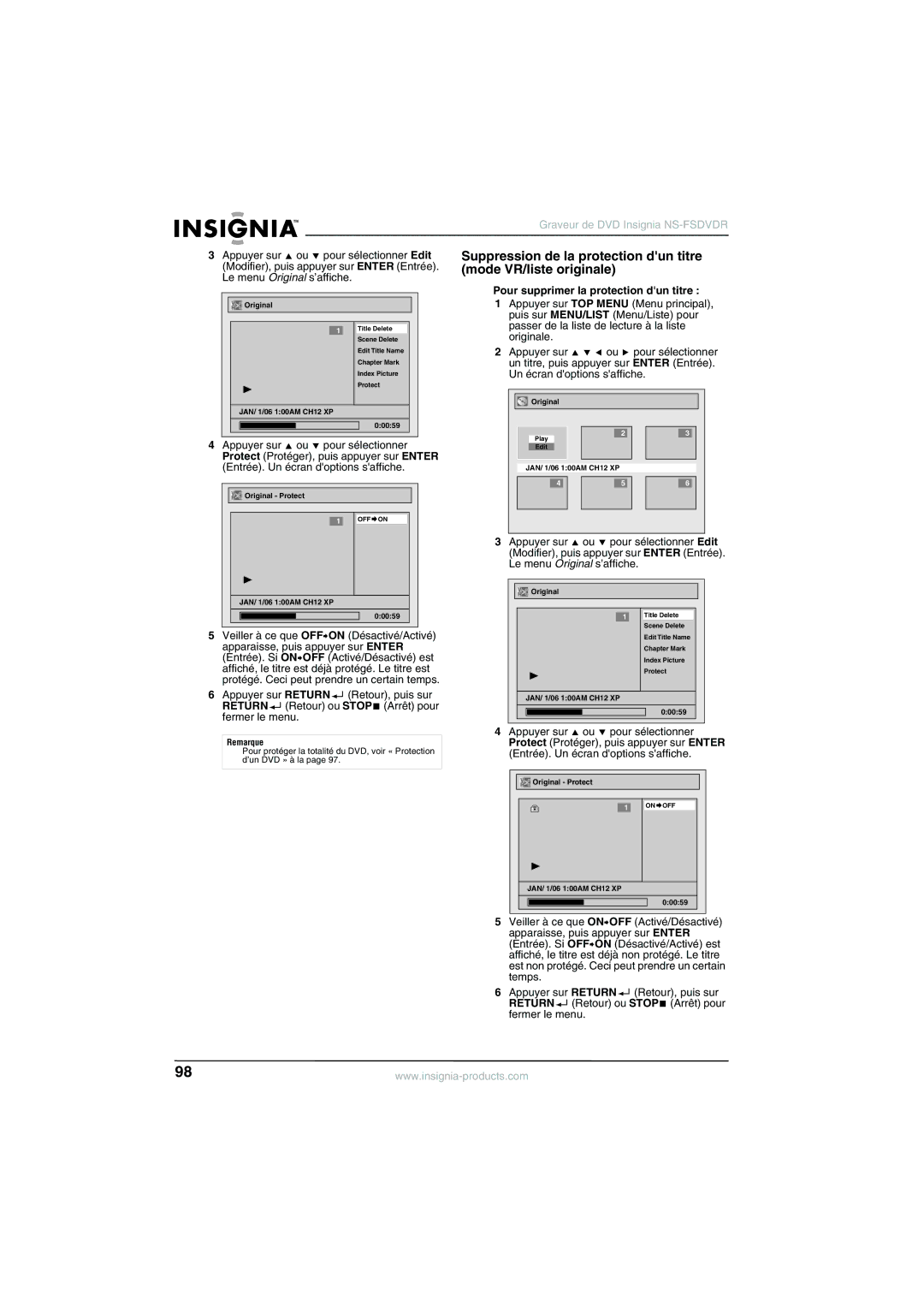 Insignia NS-FSDVDR manual Pour supprimer la protection dun titre 