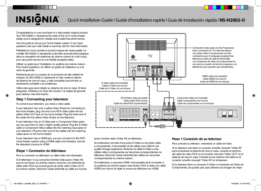 Insignia NS-H2002-U warranty Connecting your television, Étape 1 Connexion du téléviseur, Paso 1 Conexión de su televisor 