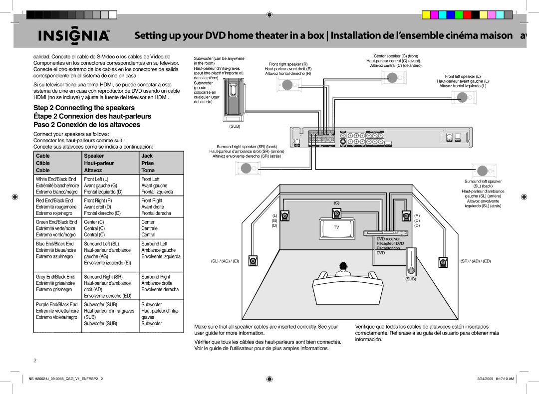 Insignia NS-H2002-U Conecte sus altavoces como se indica a continuación, User guide for more information, Información 