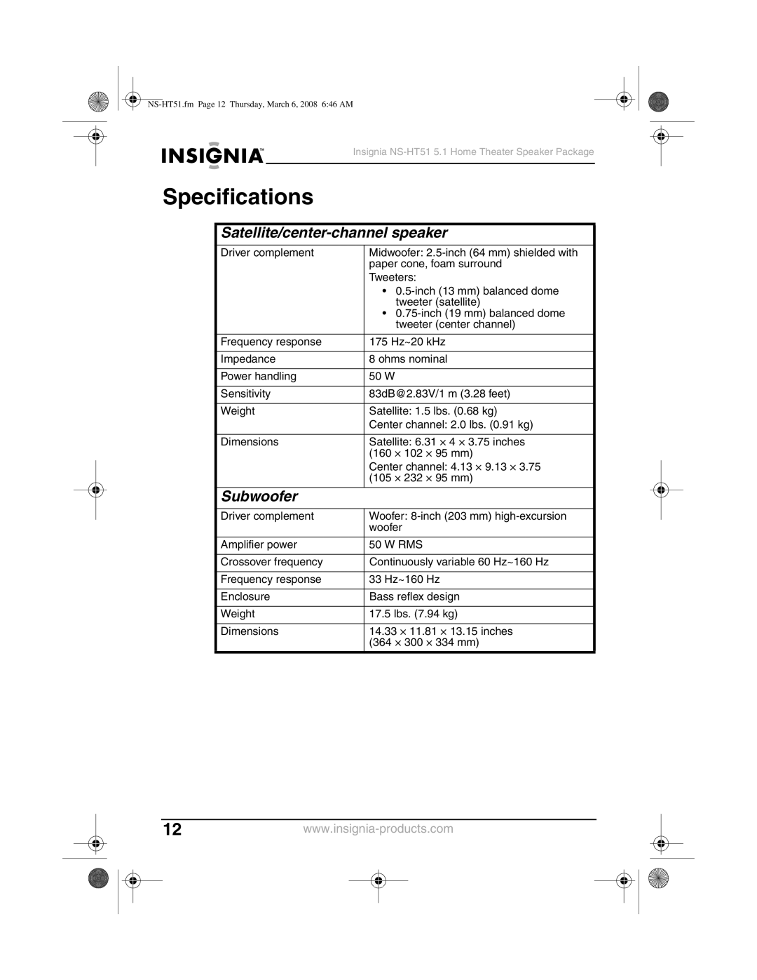 Insignia NS-HT51 manual Specifications, Satellite/center-channel speaker, Subwoofer 