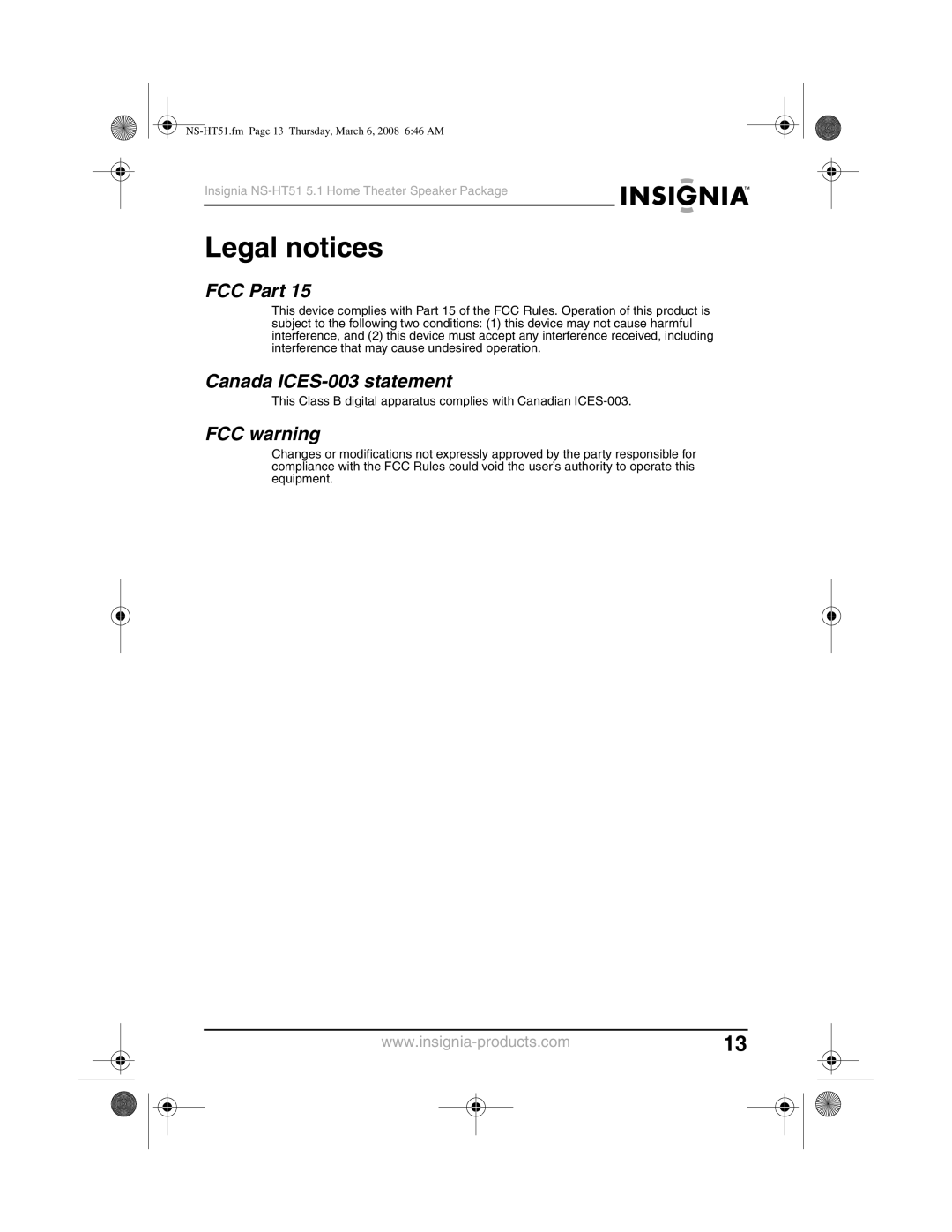 Insignia NS-HT51 manual Legal notices, FCC Part, Canada ICES-003 statement, FCC warning 