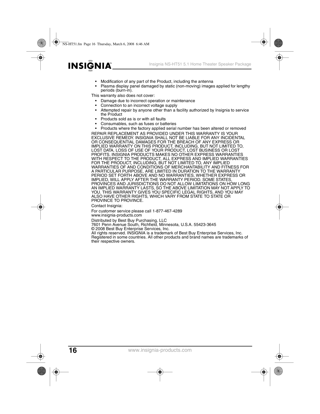 Insignia manual NS-HT51.fm Page 16 Thursday, March 6, 2008 646 AM 