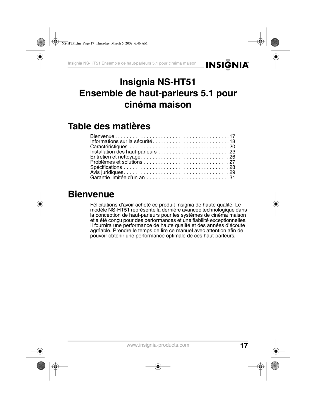 Insignia NS-HT51 manual Bienvenue 