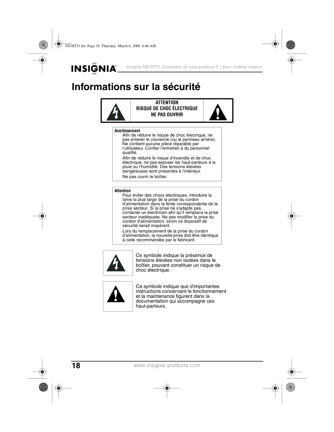 Insignia NS-HT51 manual Informations sur la sécurité, Risque DE Choc Électrique NE PAS Ouvrir 