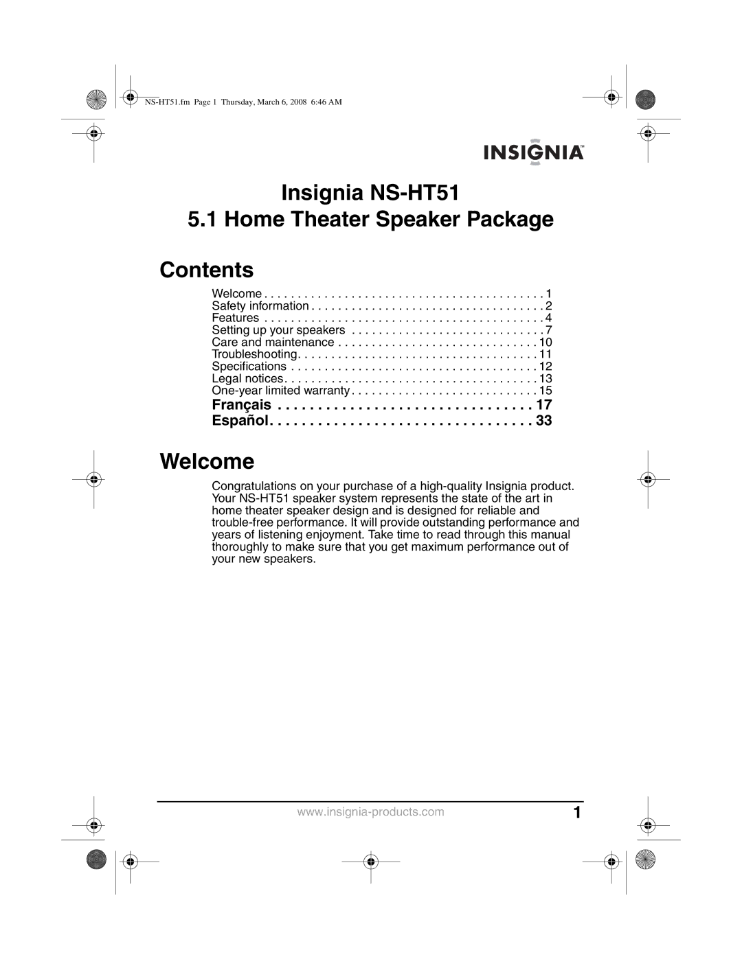 Insignia manual Insignia NS-HT51 Home Theater Speaker Package Contents, Welcome 