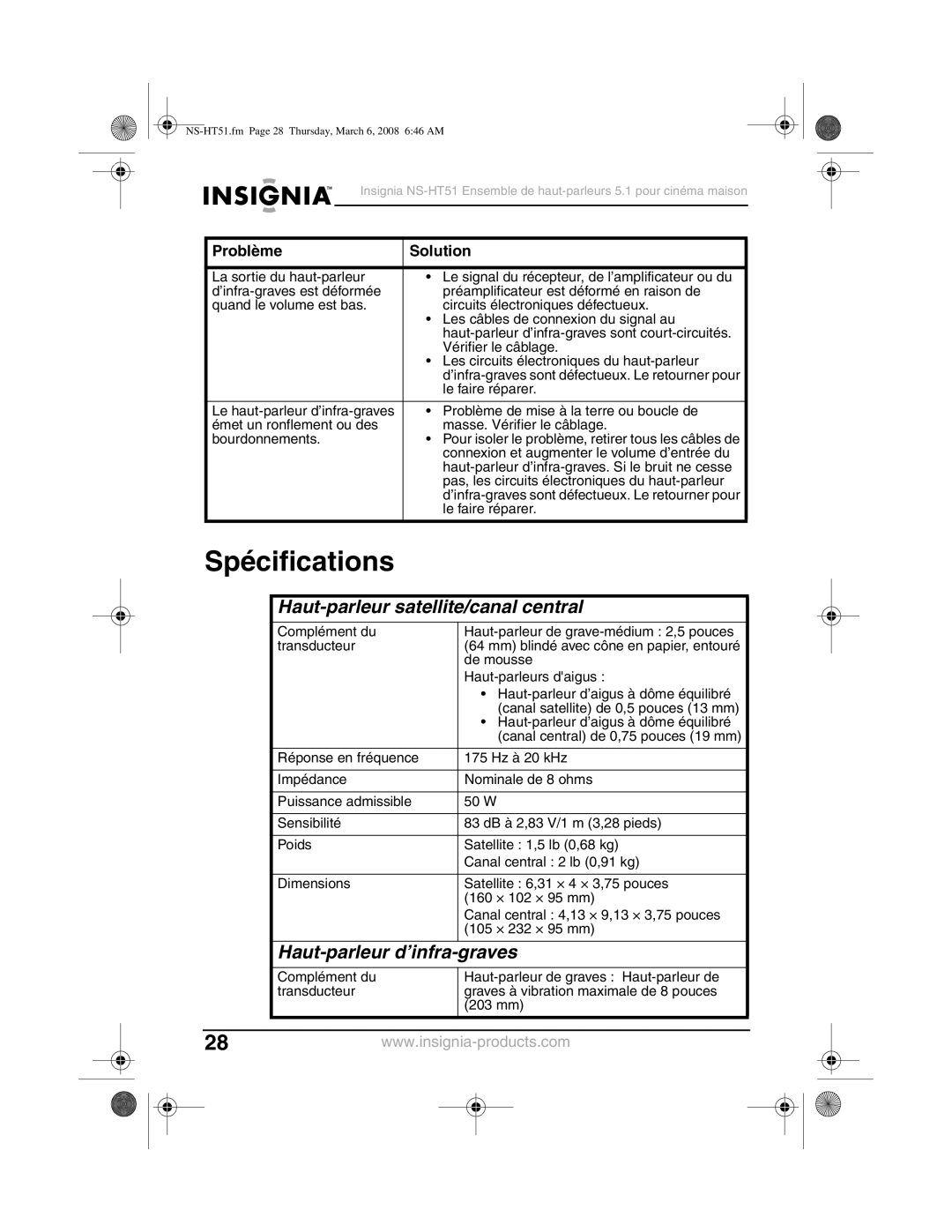 Insignia NS-HT51 manual Spécifications, Haut-parleur satellite/canal central, Haut-parleur d’infra-graves 