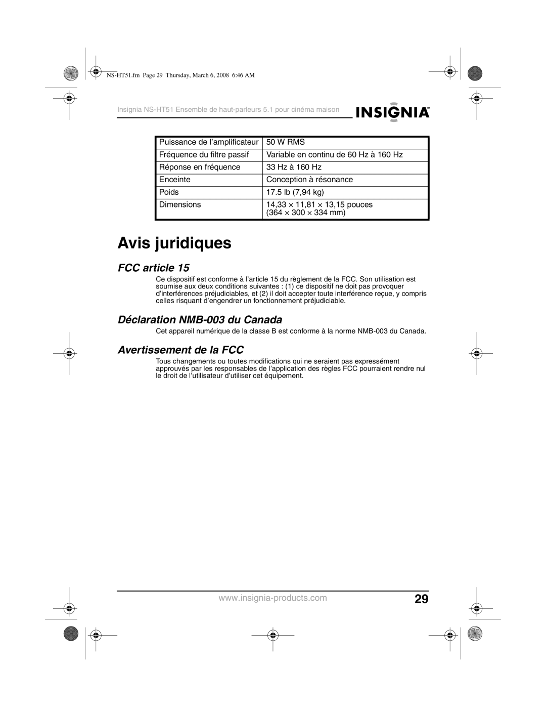 Insignia NS-HT51 manual Avis juridiques, FCC article, Déclaration NMB-003 du Canada, Avertissement de la FCC 