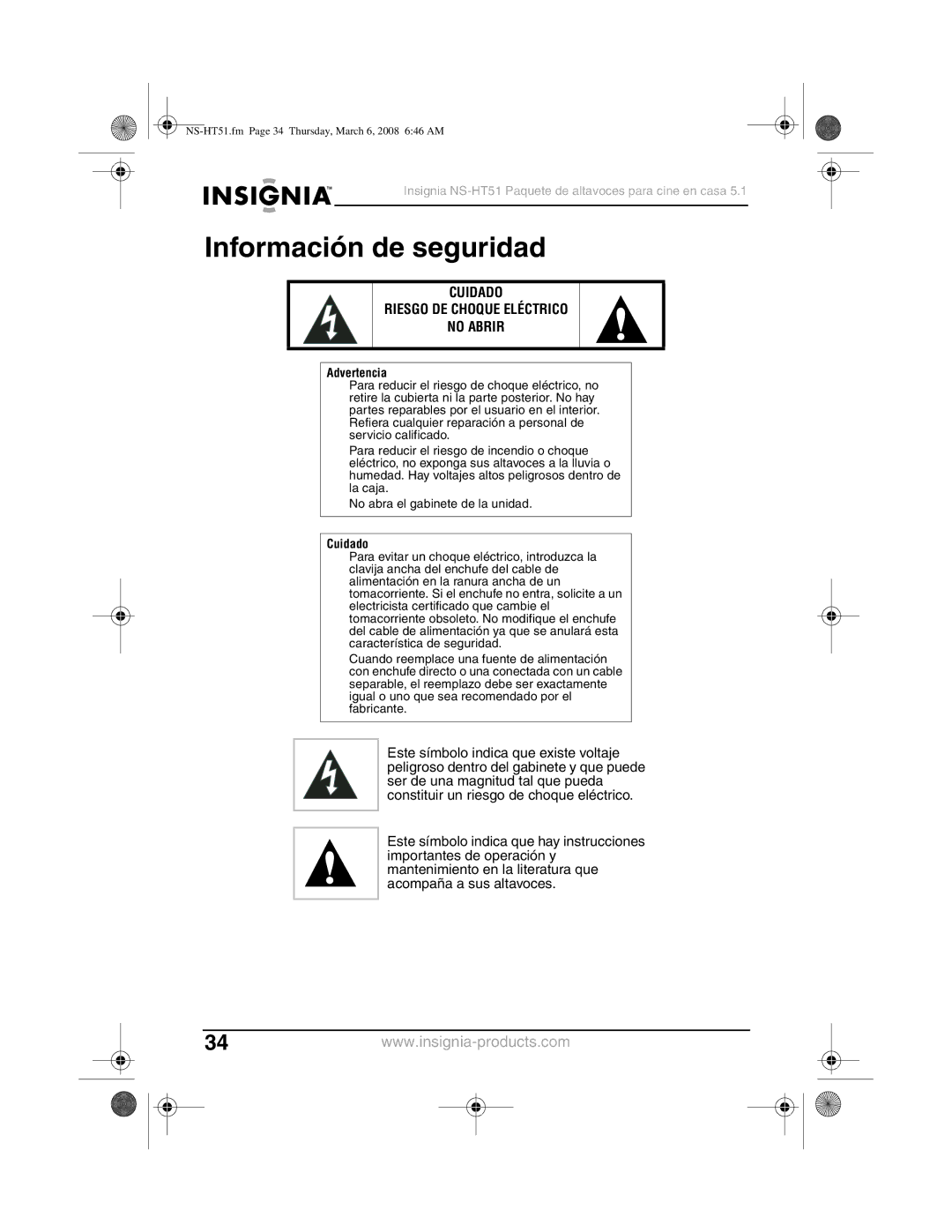 Insignia NS-HT51 manual Información de seguridad, Cuidado Riesgo DE Choque Eléctrico No Abrir 