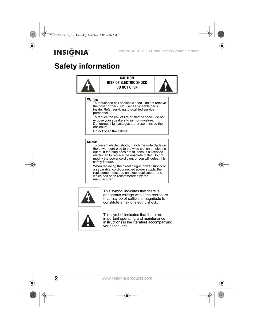 Insignia NS-HT51 manual Safety information, Risk of Electric Shock Do not Open 