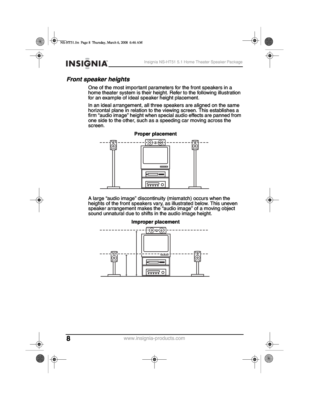 Insignia NS-HT51 manual Front speaker heights, Proper placement, Improper placement 