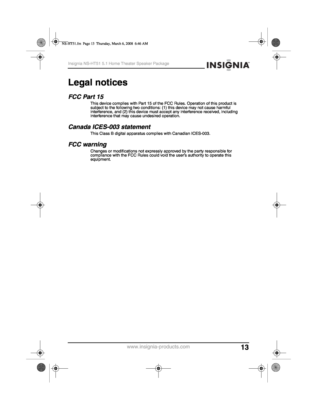 Insignia NS-HT51 manual Legal notices, FCC Part, Canada ICES-003statement, FCC warning 