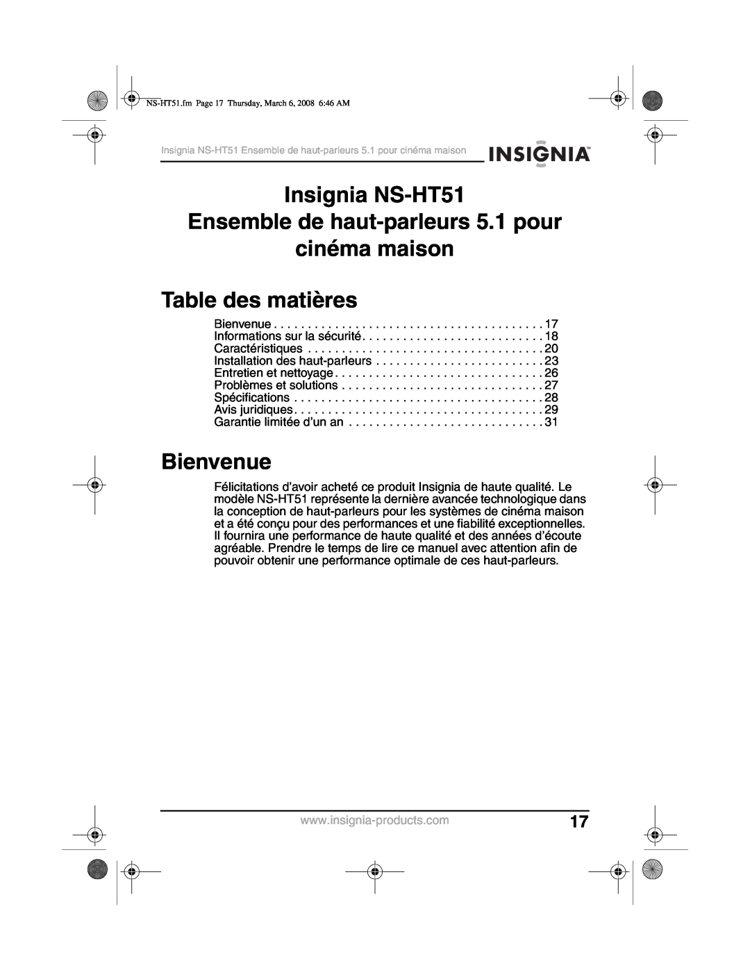 Insignia manual Insignia NS-HT51, Ensemble de haut-parleurs5.1 pour cinéma maison, Table des matières, Bienvenue 