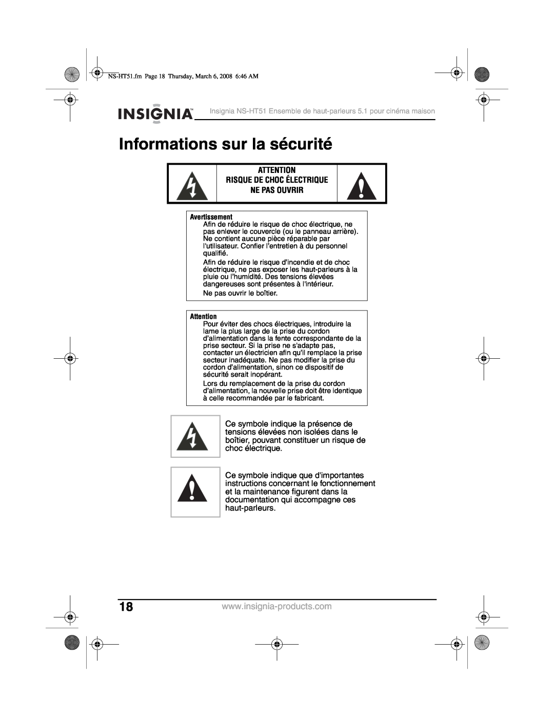 Insignia NS-HT51 manual Informations sur la sécurité, Risque De Choc Électrique Ne Pas Ouvrir 