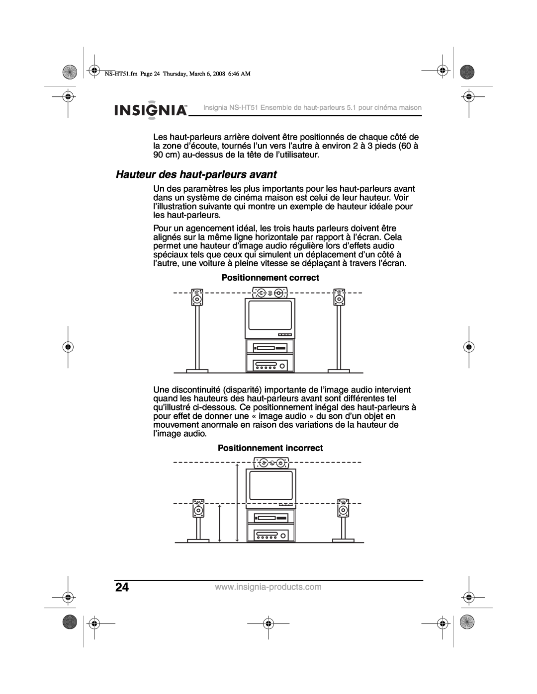 Insignia NS-HT51 manual Hauteur des haut-parleursavant, Positionnement correct, Positionnement incorrect 