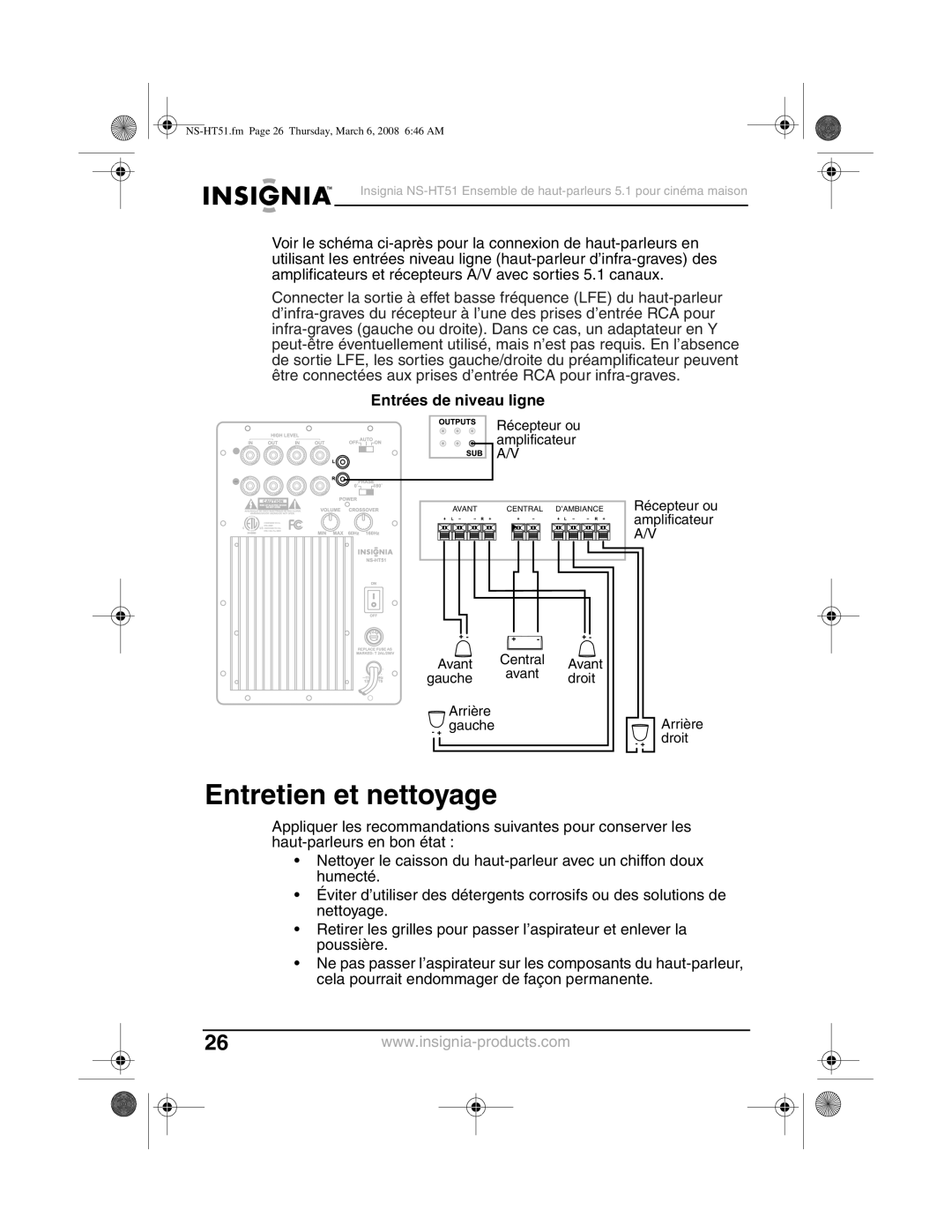 Insignia NS-HT51 manual Entretien et nettoyage, Entrées de niveau ligne 
