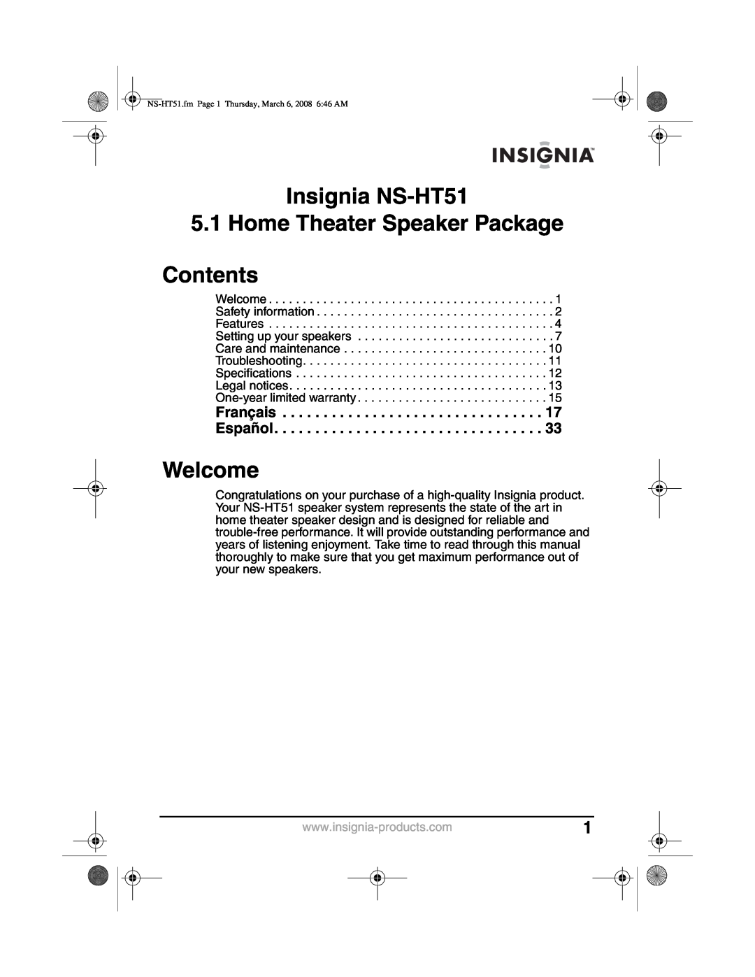Insignia manual Insignia NS-HT51 5.1 Home Theater Speaker Package, Contents, Welcome 