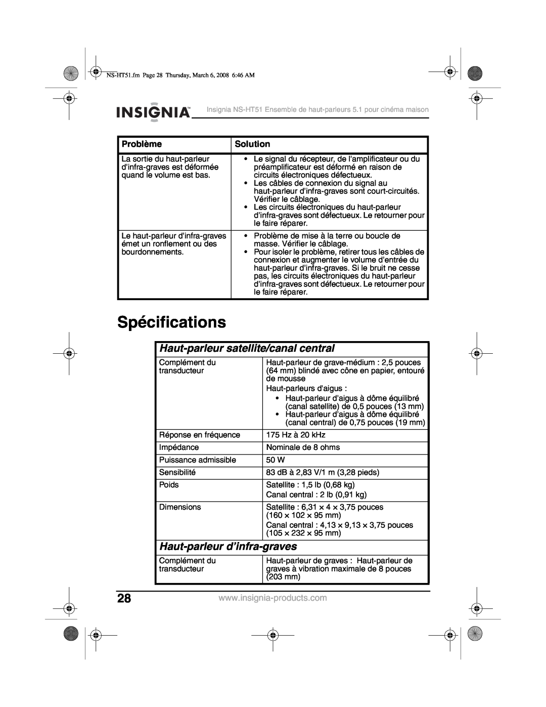Insignia NS-HT51 Spécifications, Haut-parleursatellite/canal central, Haut-parleur d’infra-graves, Problème, Solution 