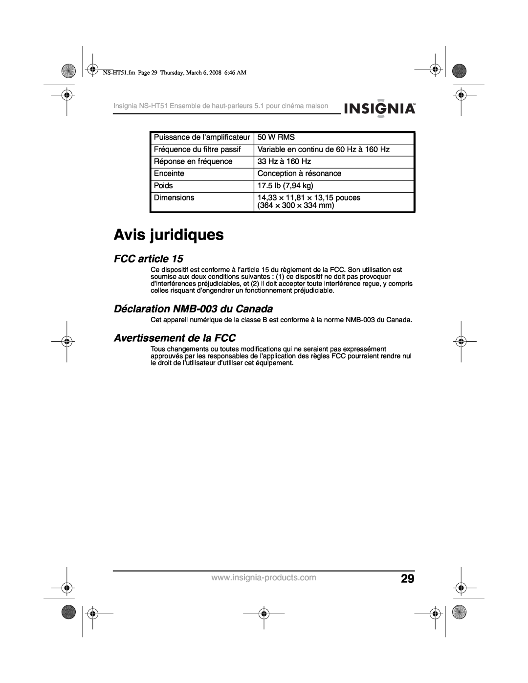 Insignia NS-HT51 manual Avis juridiques, FCC article, Déclaration NMB-003du Canada, Avertissement de la FCC 