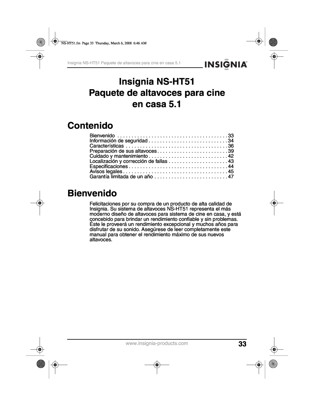 Insignia manual Insignia NS-HT51 Paquete de altavoces para cine, en casa Contenido, Bienvenido 