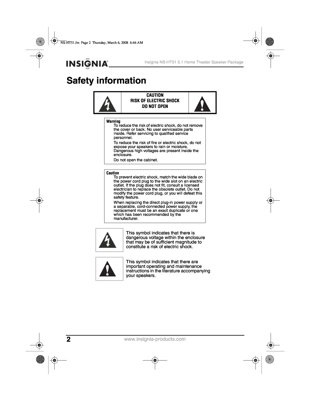 Insignia manual Safety information, Risk Of Electric Shock Do Not Open, Insignia NS-HT515.1 Home Theater Speaker Package 