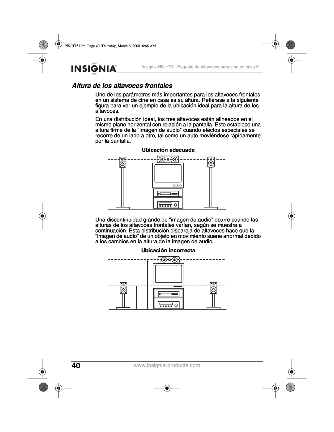 Insignia NS-HT51 manual Altura de los altavoces frontales, Ubicación adecuada, Ubicación incorrecta 