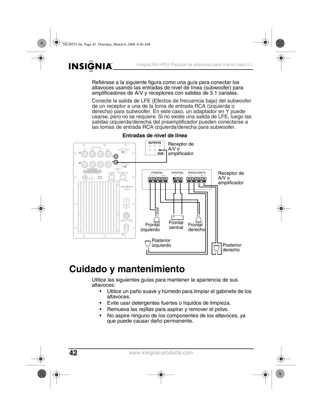 Insignia NS-HT51 manual Cuidado y mantenimiento, Entradas de nivel de línea 